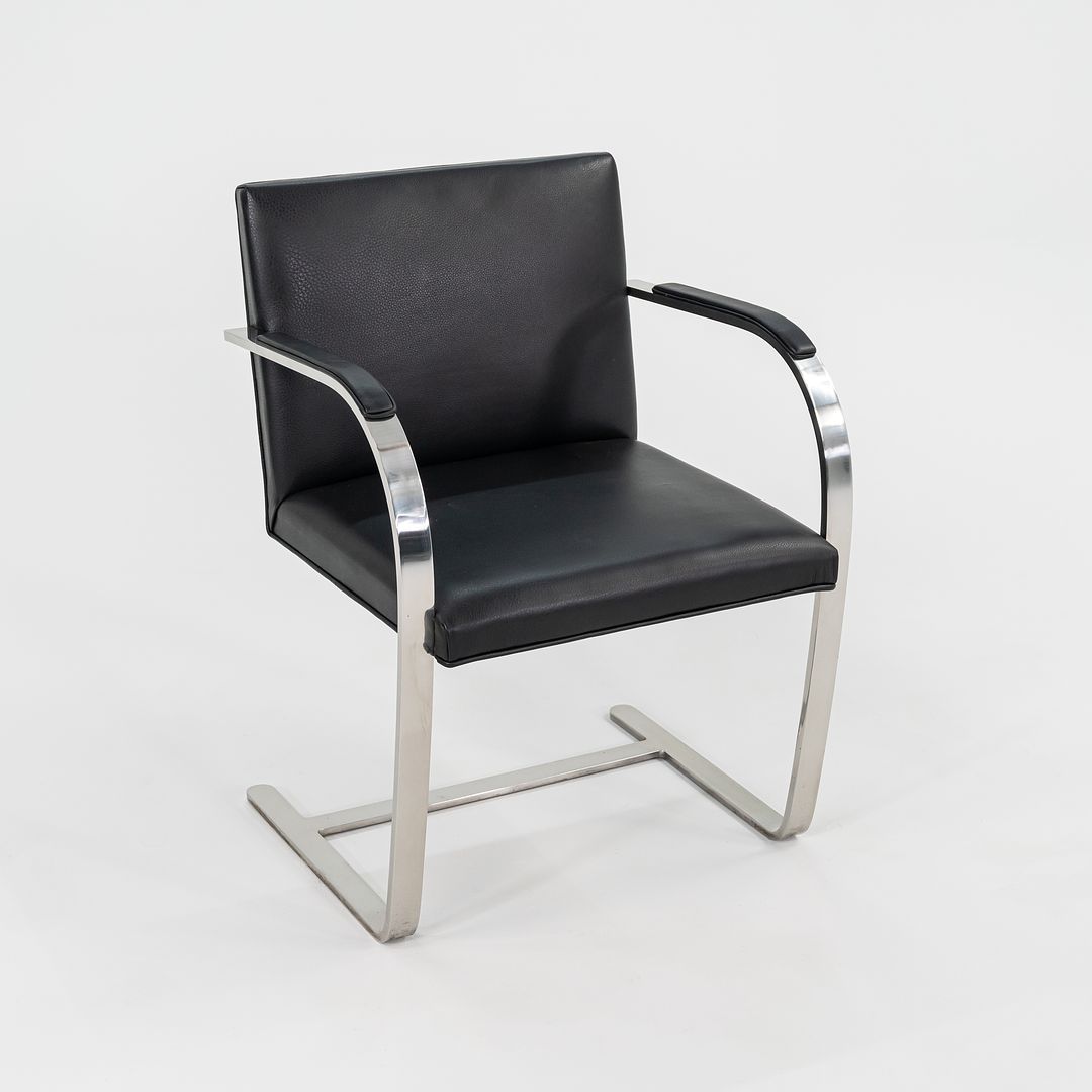 1970 Set of Four Brno Flat Bar Armchairs, Model 255 by Mies van der Rohe for Knoll in Stainless Steel and New Black Leather