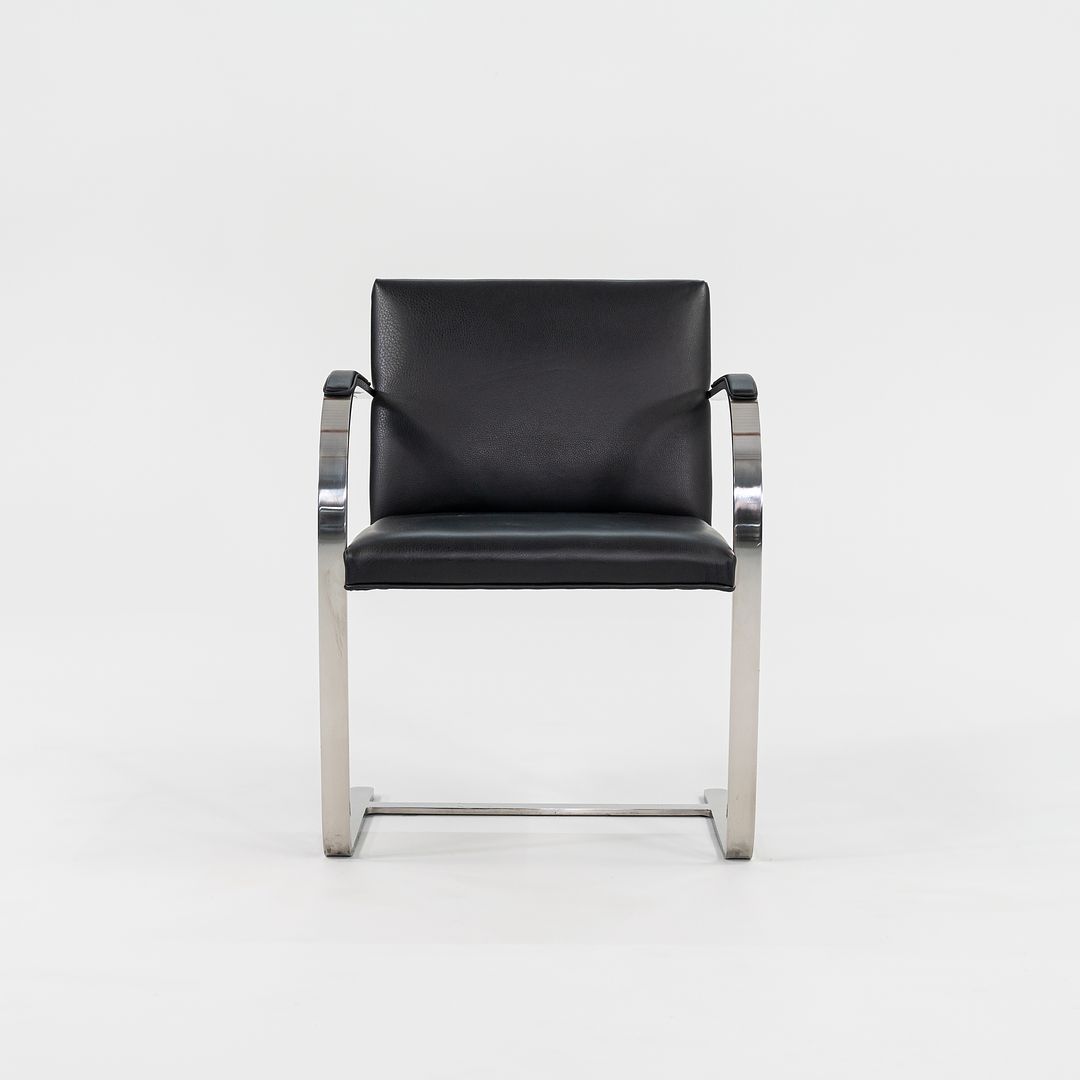 1970 Set of Four Brno Flat Bar Armchairs, Model 255 by Mies van der Rohe for Knoll in Stainless Steel and New Black Leather