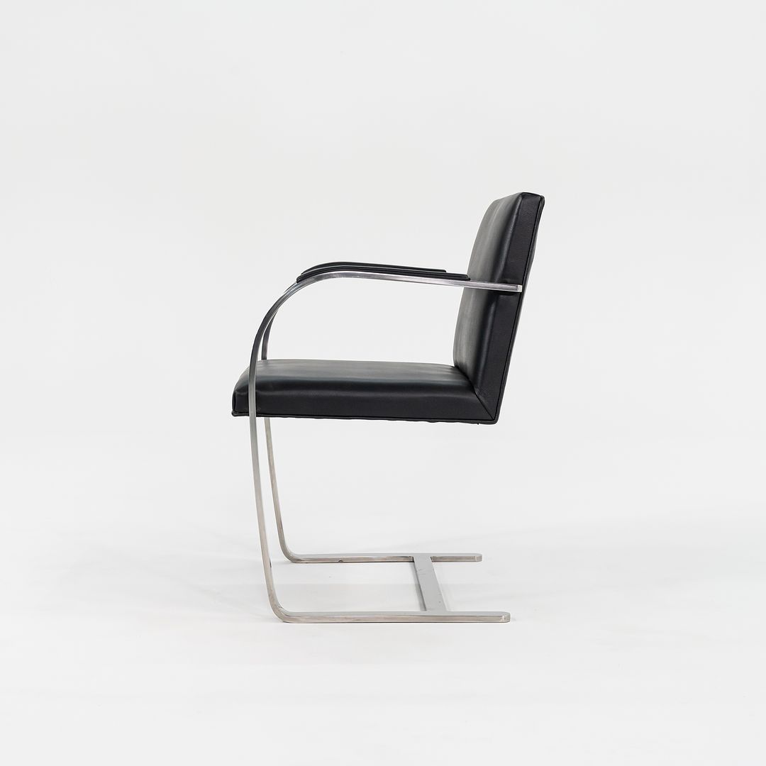 1970 Set of Four Brno Flat Bar Armchairs, Model 255 by Mies van der Rohe for Knoll in Stainless Steel and New Black Leather