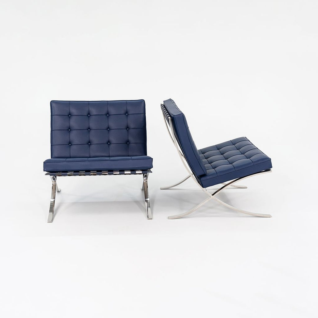 SOLD 2016 Barcelona Chair, Model 250LS by Lilly Reich and Mies van der Rohe for Knoll in Blue Leather and Stainless