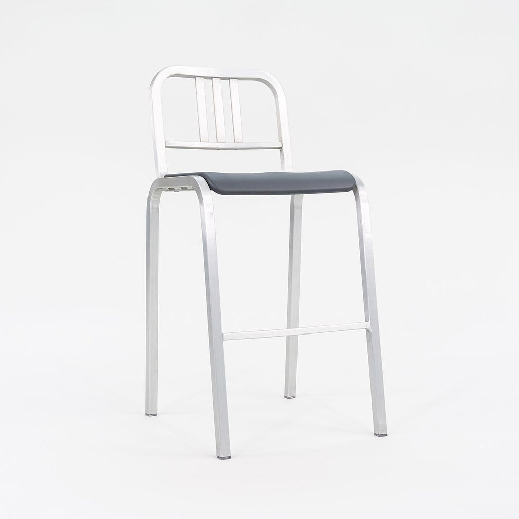 2022 New Nine-O Bar Stool by Ettore Sottsass for Emeco in Brushed Aluminum with Grey Seats 18x Available