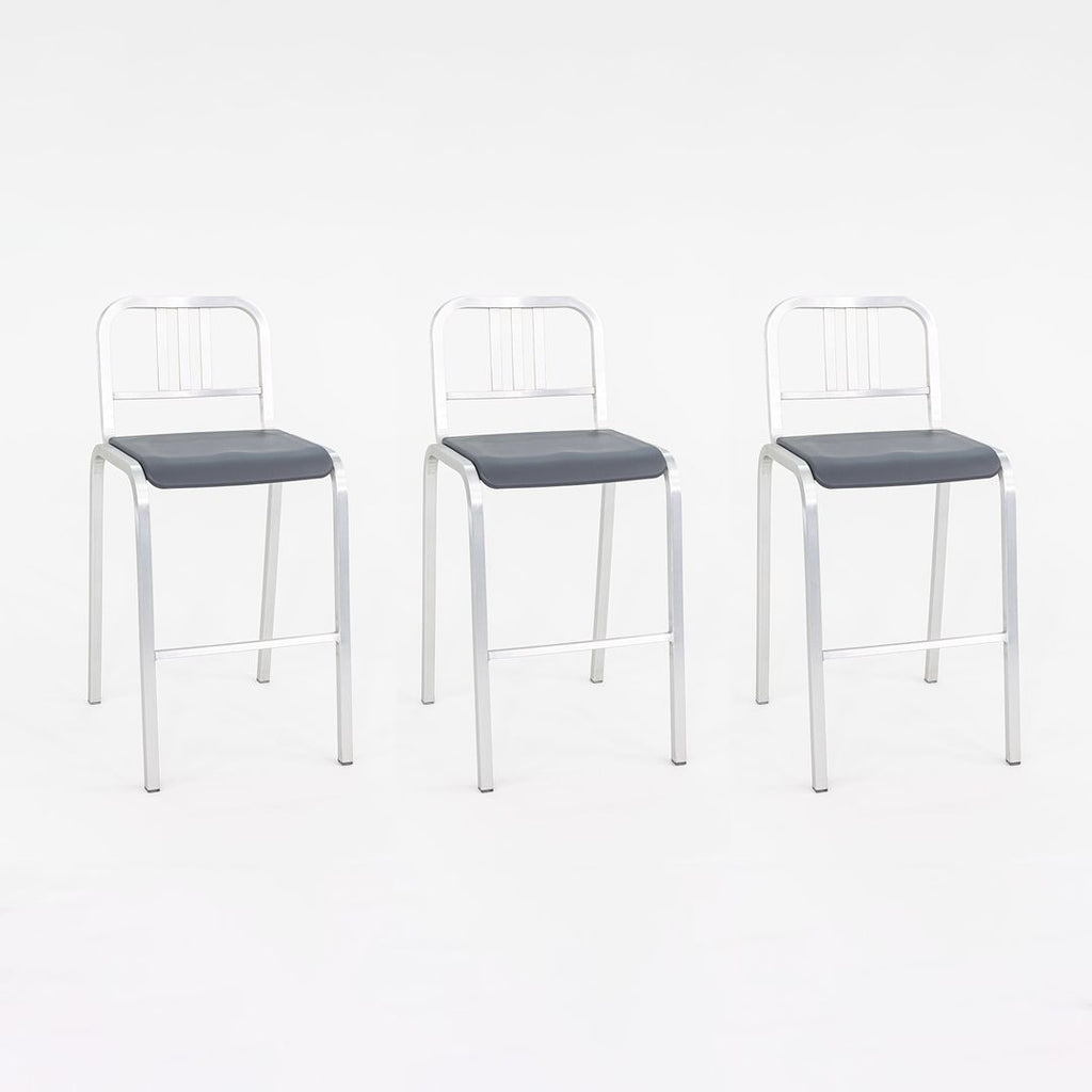 2022 Nine-O Bar Stool by Ettore Sottsass for Emeco in Brushed Aluminum with Grey Seat 21x Available