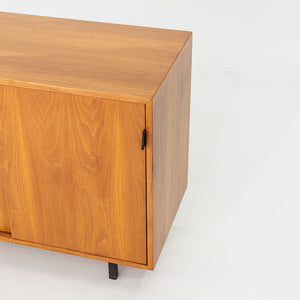 1950s Tall Florence Knoll Credenza in Oak with Sliding Doors and Leather Pulls