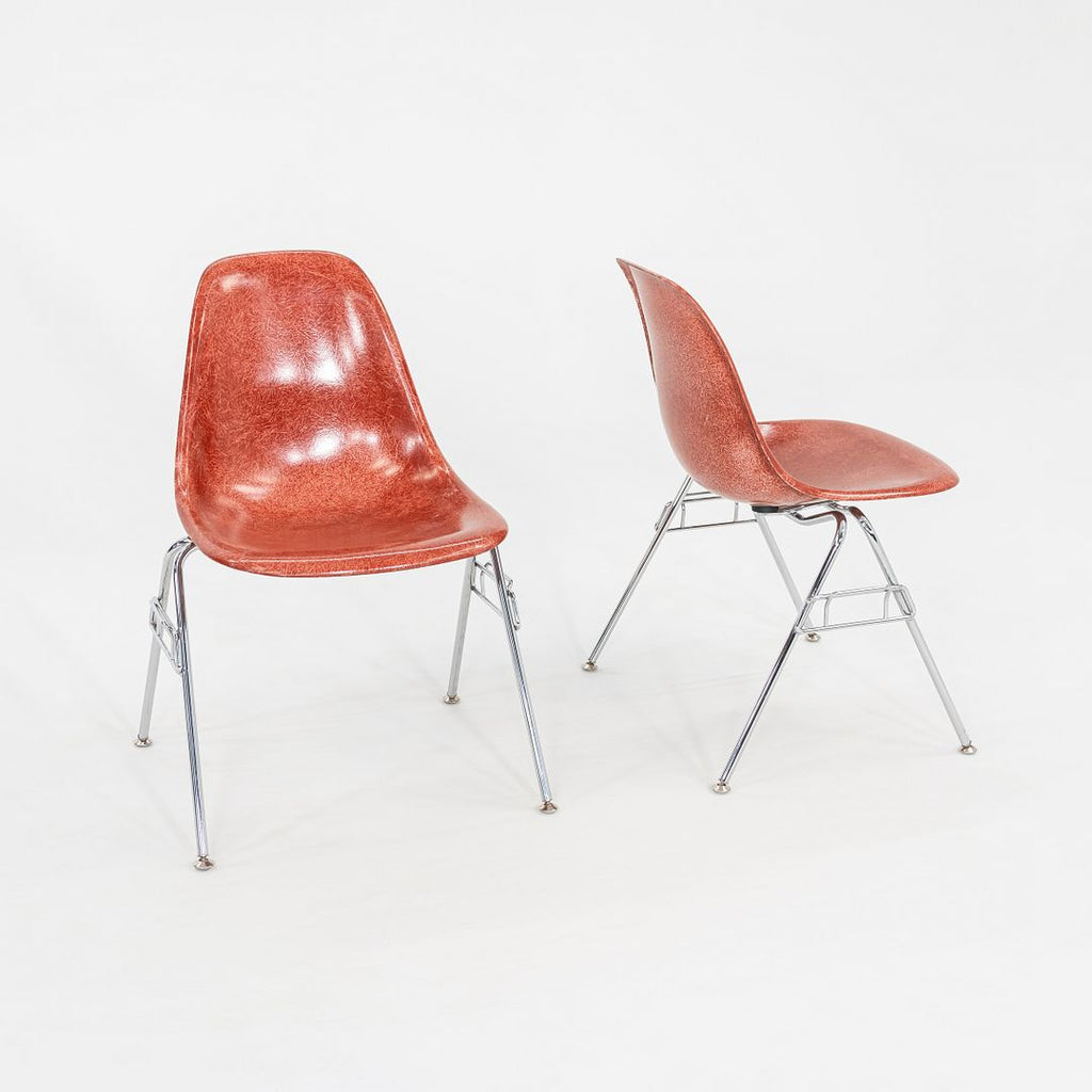 2010s Pair of Modernica Eames Fiberglass Dining Side Shell Chairs Red / Orange