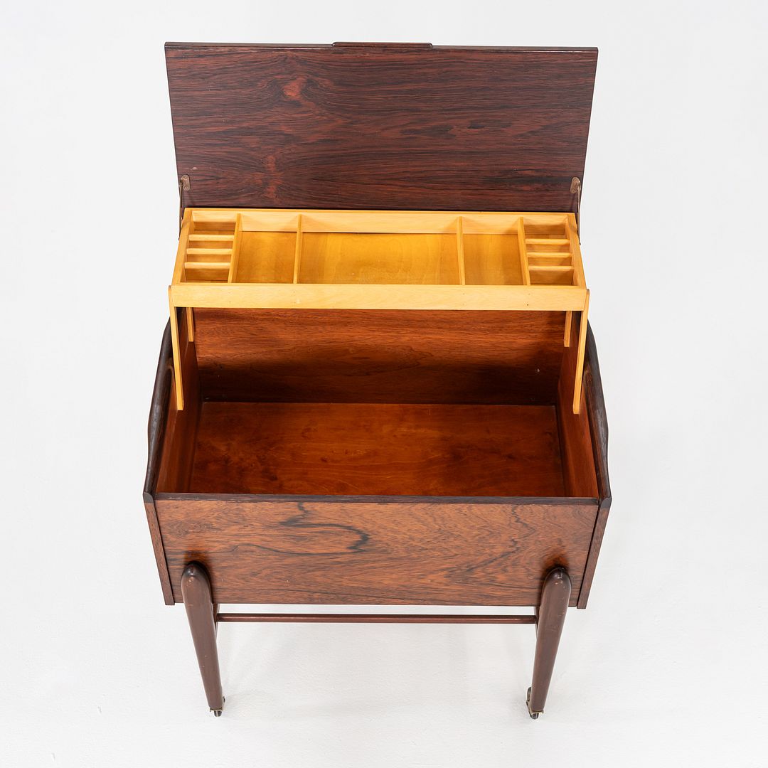 1960s Danish Rosewood Sewing Cart / Rolling Trolley with Hinged Lift-Top Storage