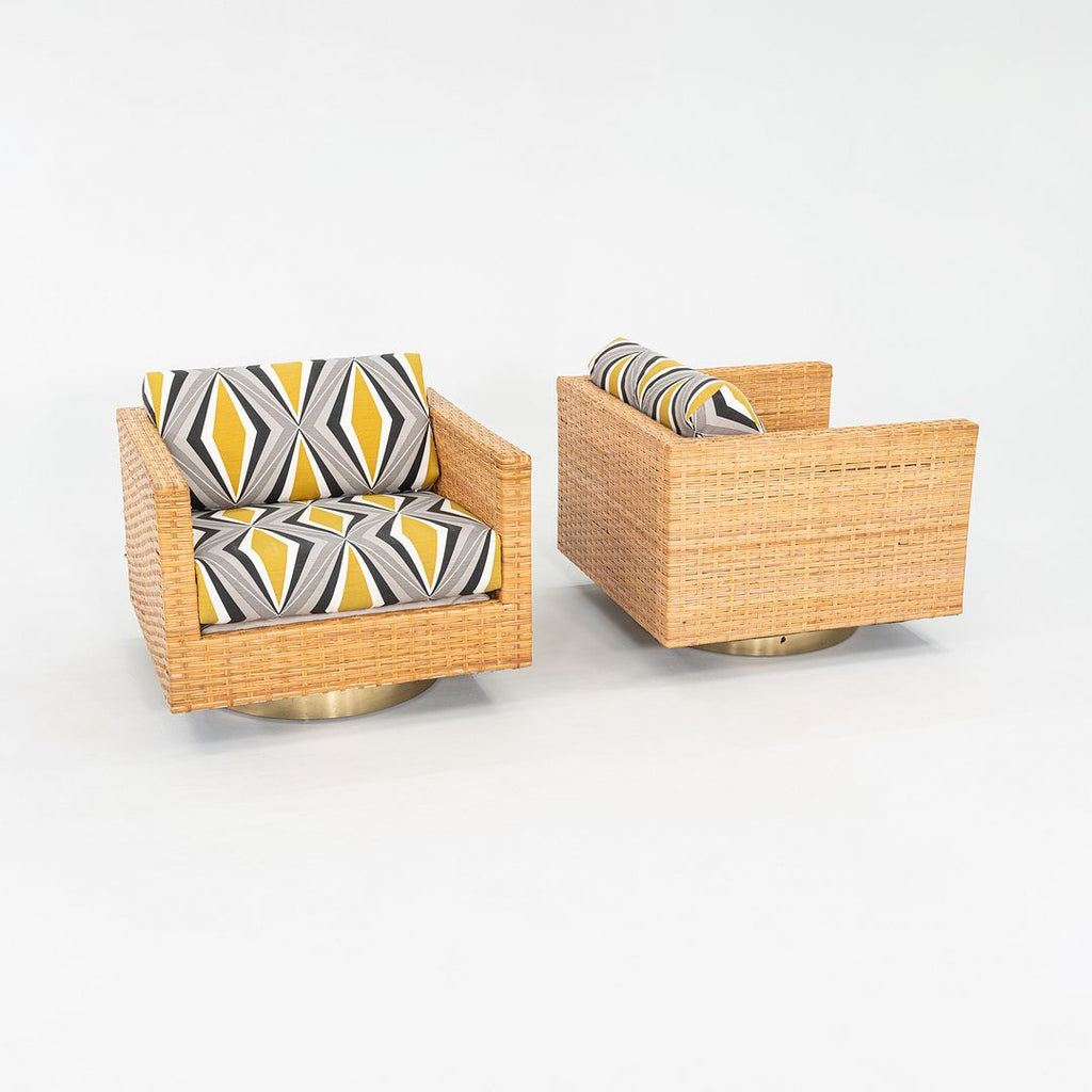 1977 Pair of Harvey Probber Cube Swivel Lounge Chairs in Woven Latania Palm Cane