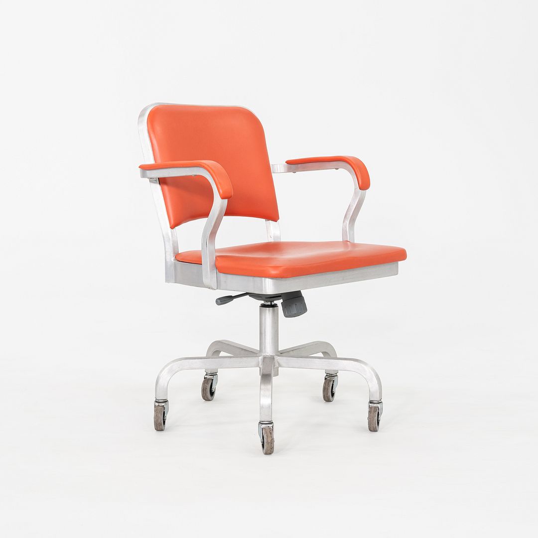 C. 2021 Jasper Morrison for Emeco Navy Officer Desk Chair in Brushed Aluminum and Orange Vinyl 19x Available