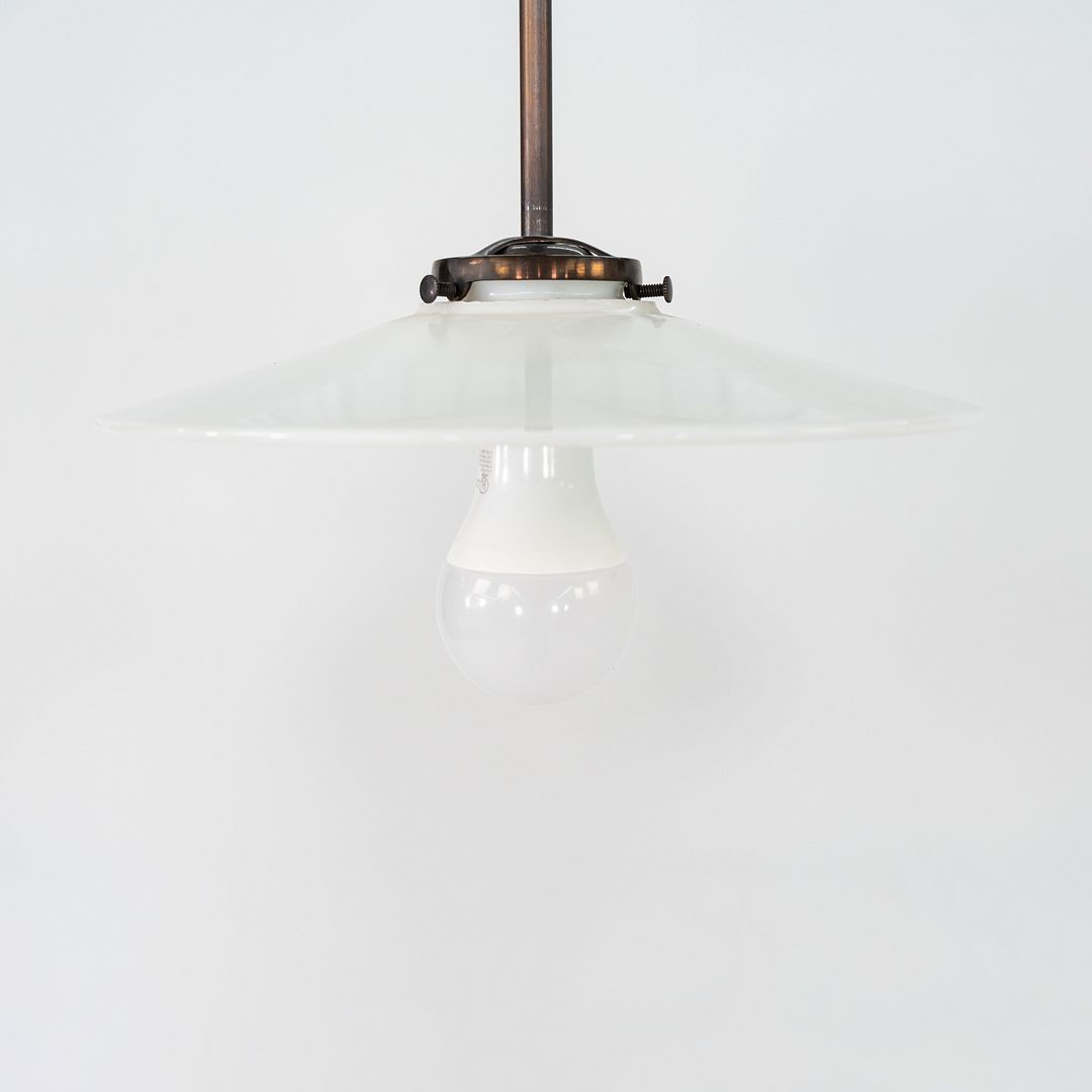 1930s Danish Opalescent Industrial Milk Glass Disc & Metal Pendant Lamp 8 Inches