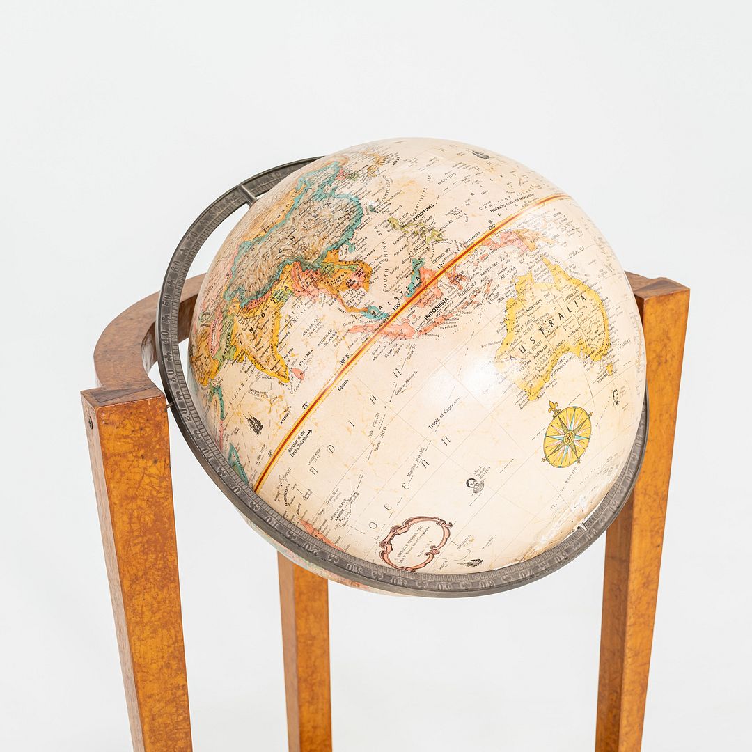 1940s Replogle Globe Mounted on Classic Wooden Demilune Stand with Curved Base