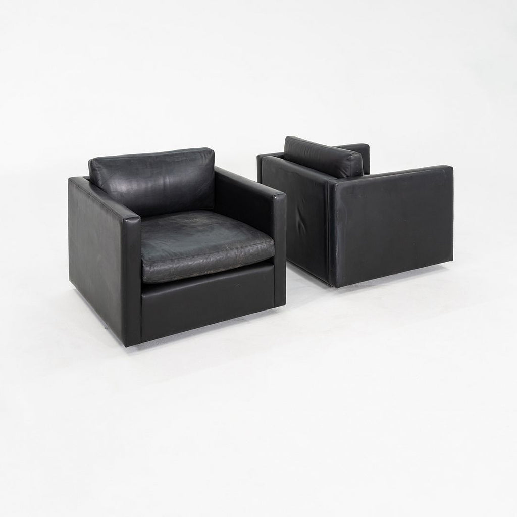 1970s Pair of Charles Pfister for Knoll Tuxedo Club Lounge Chairs Black Leather