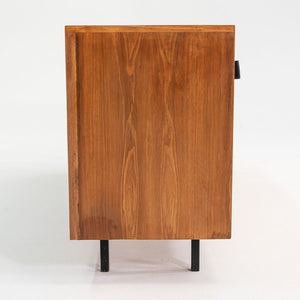 1950s Tall Florence Knoll Credenza in Oak with Sliding Doors and Leather Pulls