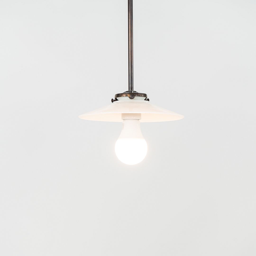 1930s Danish Opalescent Industrial Milk Glass Disc Pendant Lamp 7.75 Inches