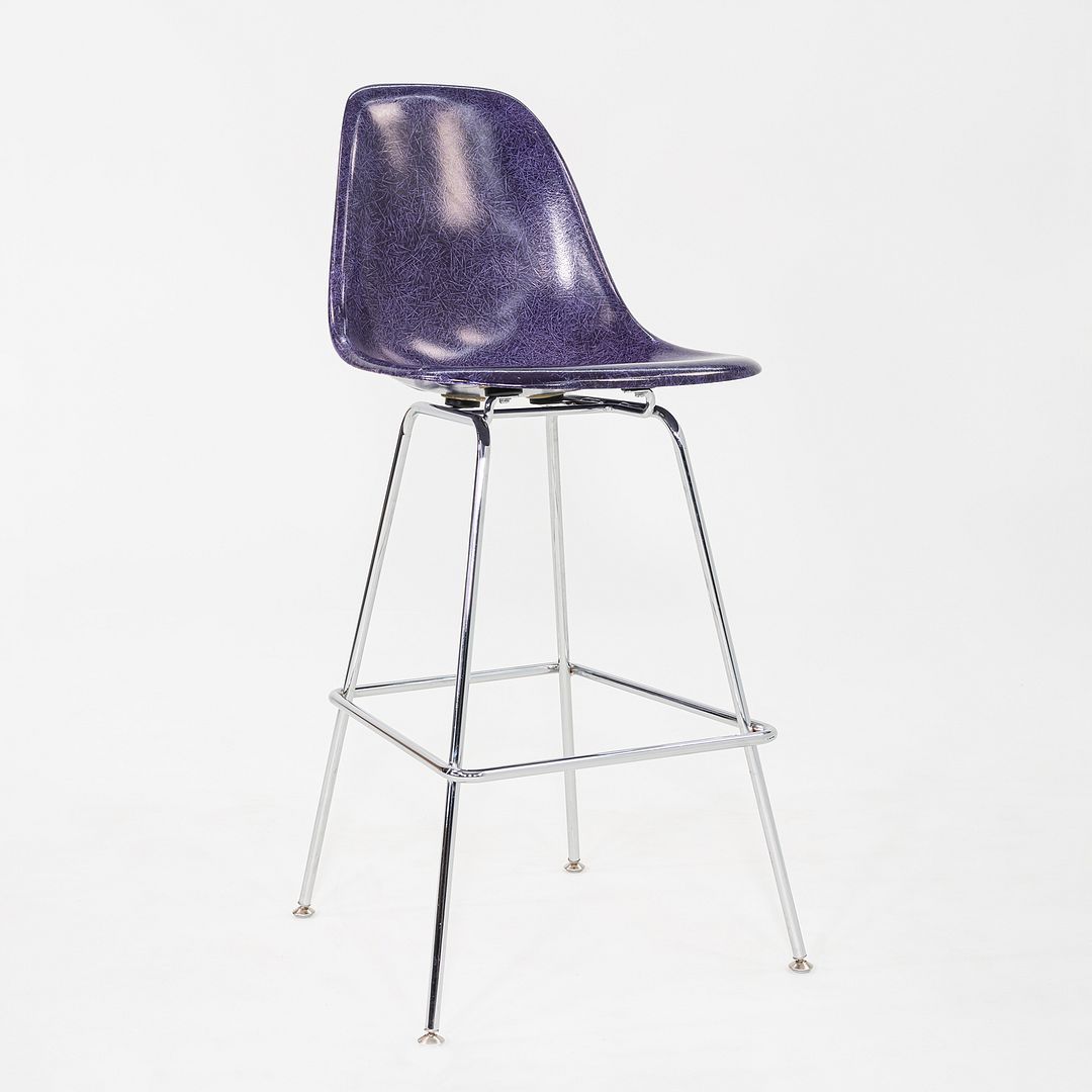 2010s Pair of Modernica Eames Purple Fiberglass Bar Stools w/ Metal Base Frames