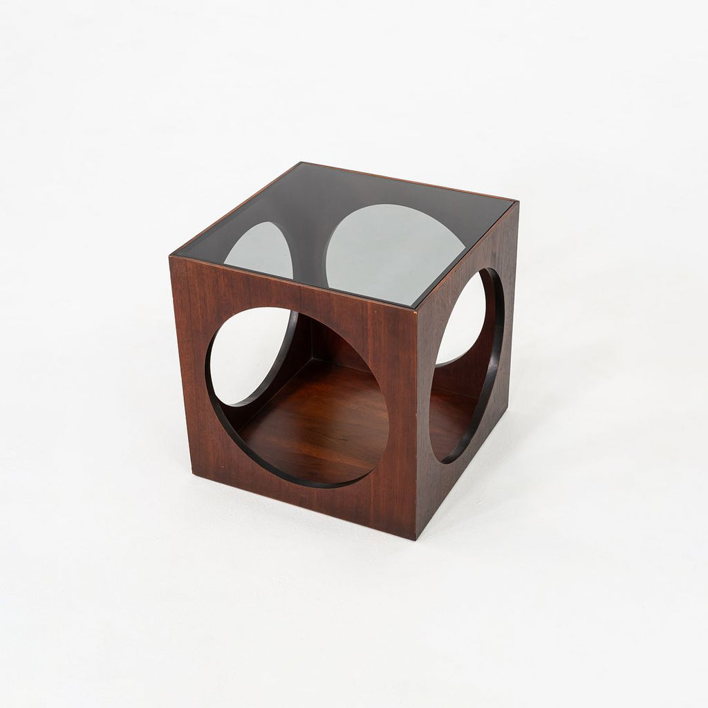 1969 Lane Walnut Cube End Table w/ Circle Motif & Smoked Glass Top Model 1121-95