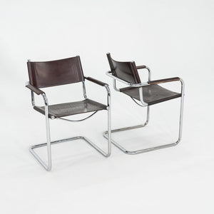 1970s Pair of Matteo Grassi Mart Stam Dining Arm Chairs Brown Leather and Chrome