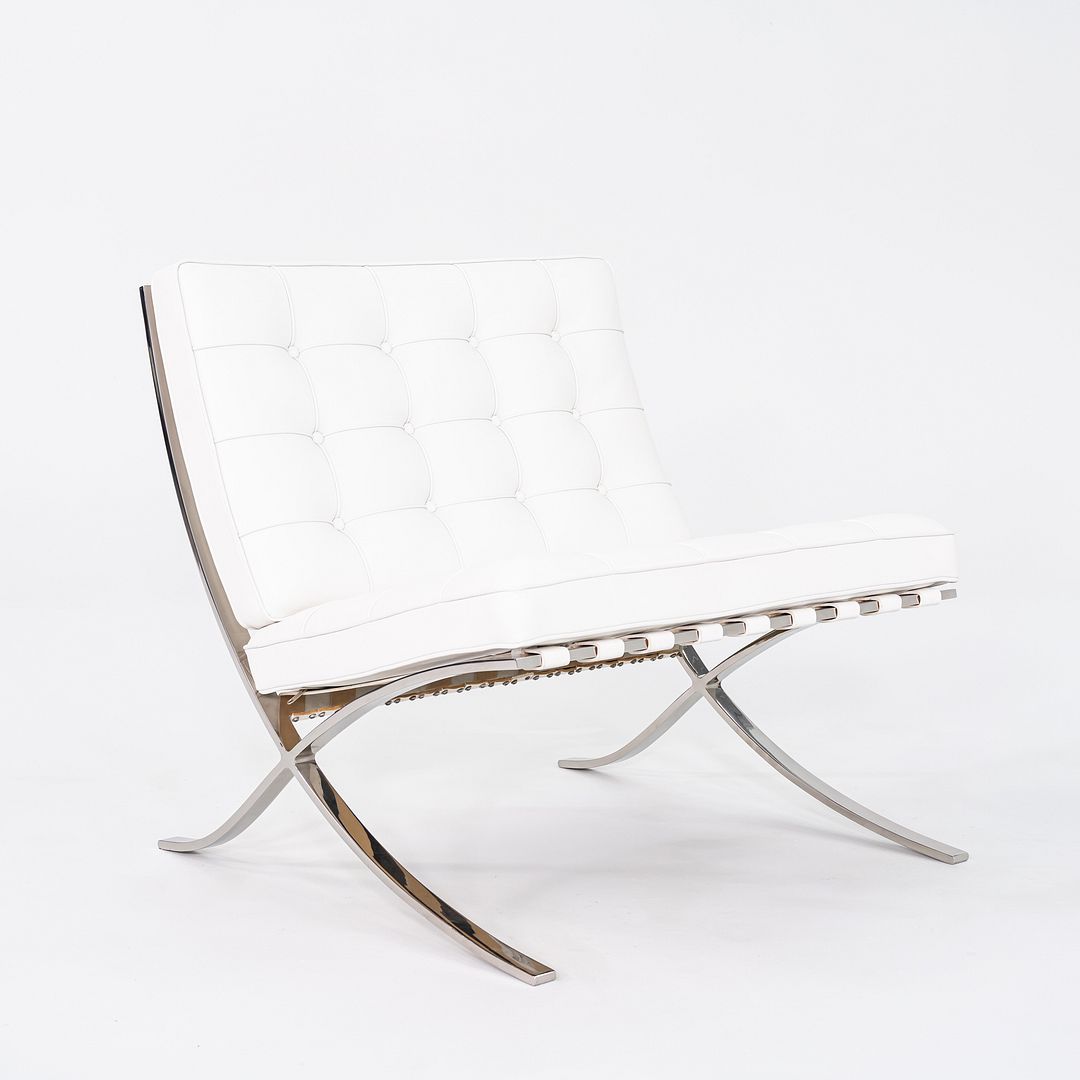1960s Mies van der Rohe for Knoll Barcelona Lounge Chair and Ottoman in Sabrina White & Stainless Fully Restored