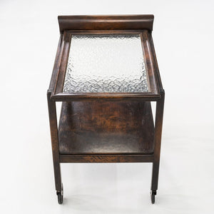 1920s Antique Art Deco Birch Bar Cart w/ Wave Glass Top & Lower Shelf on Wheels