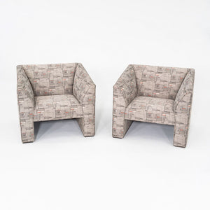 1980s Pair of Gray Patterned Fabric Upholstered Club Lounge Chairs w/ Rolled Arms