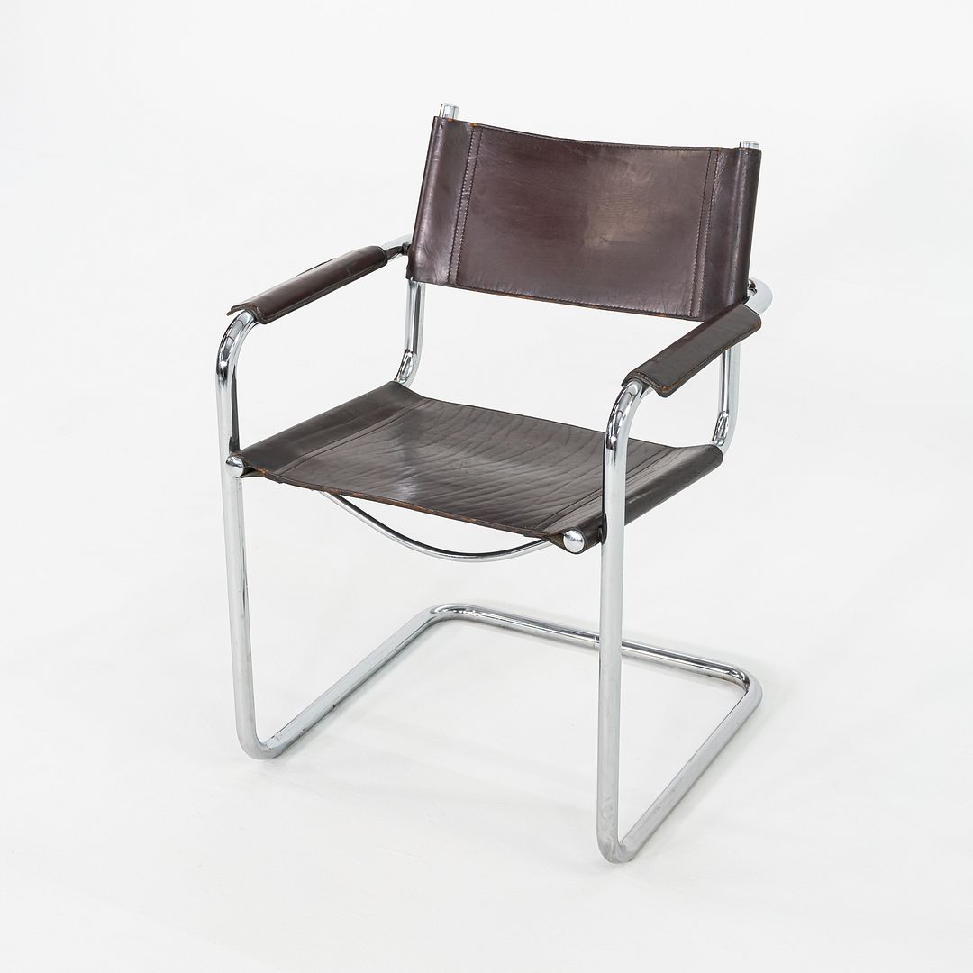 1970s Pair of Matteo Grassi Mart Stam Dining Arm Chairs Brown Leather and Chrome
