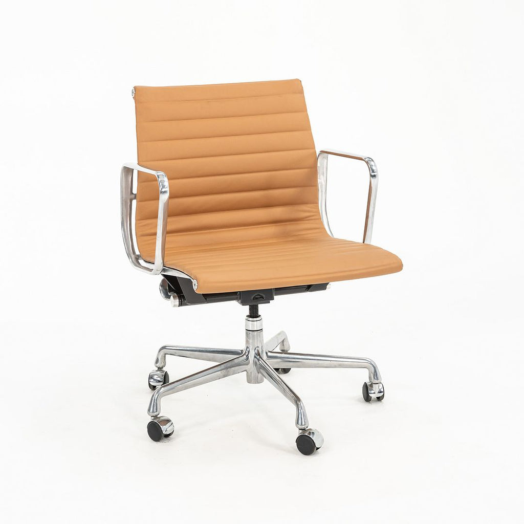 SOLD 2010s Aluminum Group Management Chair by Charles and Ray Eames for Herman Miller in Tan Leather 12x Available