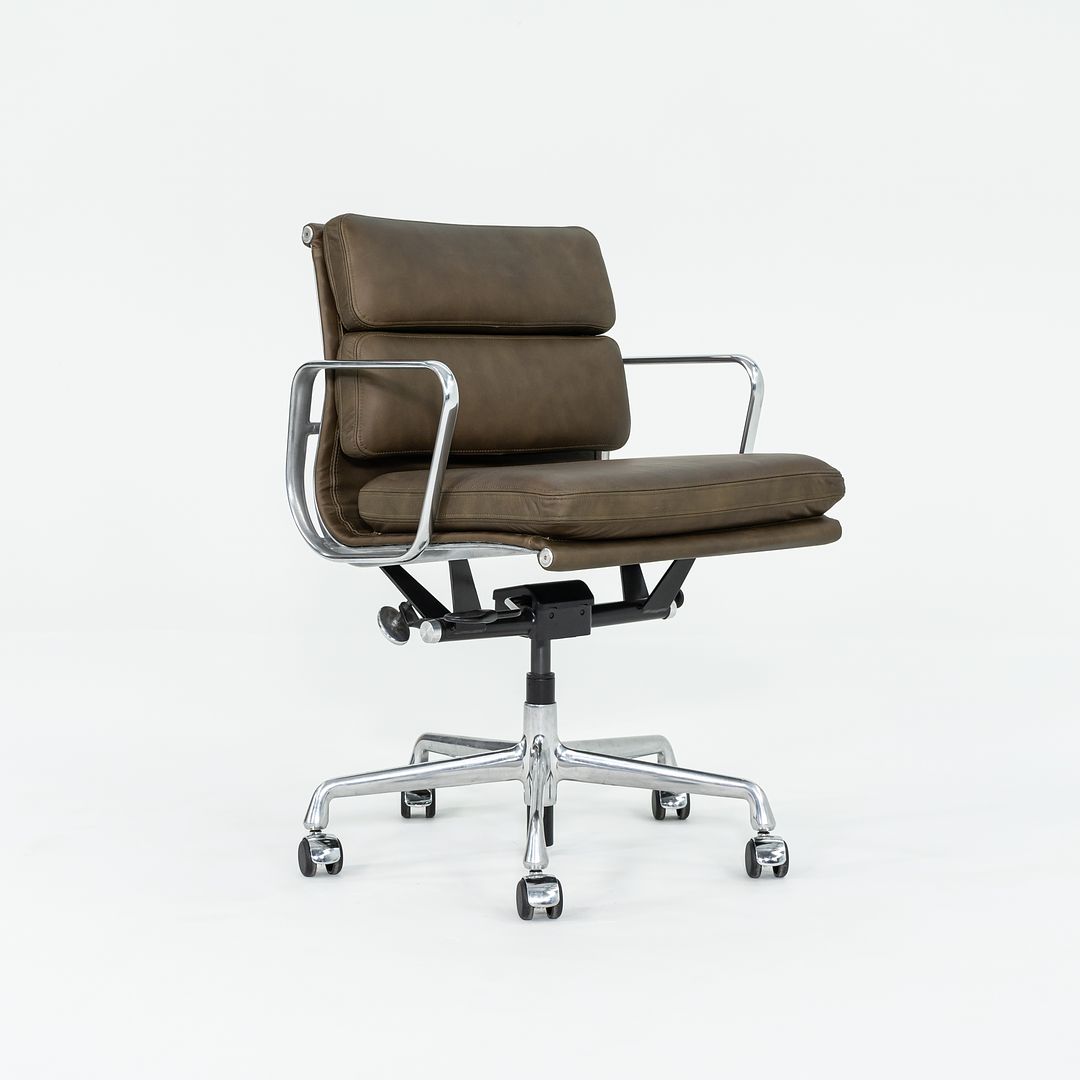 SOLD 2010s Soft Pad Management Chair, EA435 by Ray and Charles Eames for Herman Miller in Antiqued Olive Green Leather