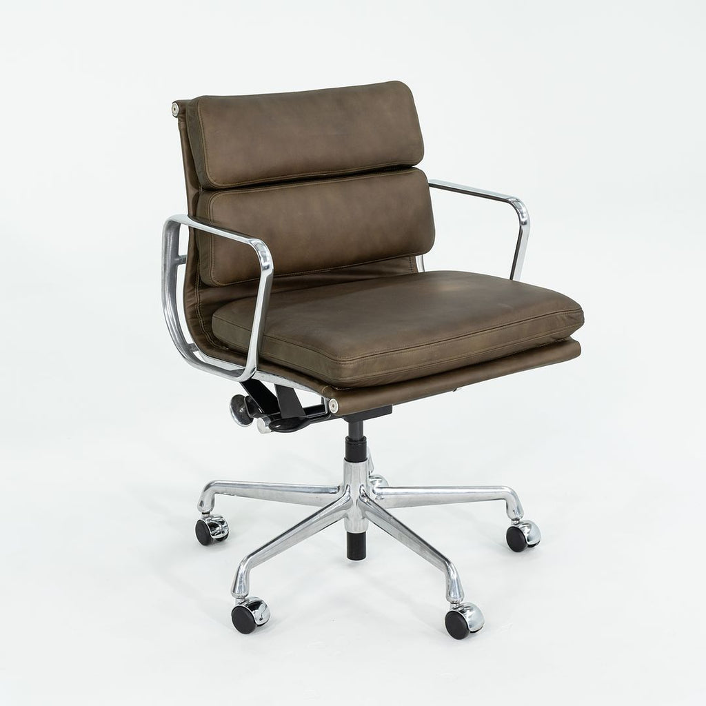 SOLD 2010s Soft Pad Management Chair, EA435 by Ray and Charles Eames for Herman Miller in Antiqued Olive Green Leather