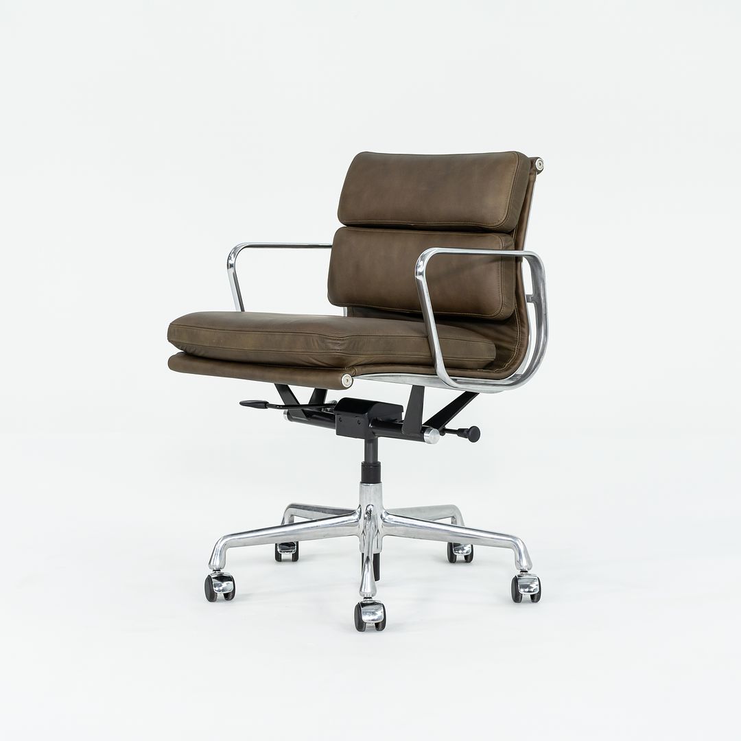 SOLD 2010s Soft Pad Management Chair, EA435 by Ray and Charles Eames for Herman Miller in Antiqued Olive Green Leather