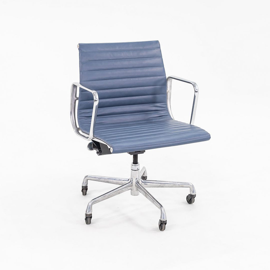 SOLD 2010s Aluminum Group Management Desk Chair, Model EA335 by Charles and Ray Eames for Herman Miller in Blue Leather 2x Available