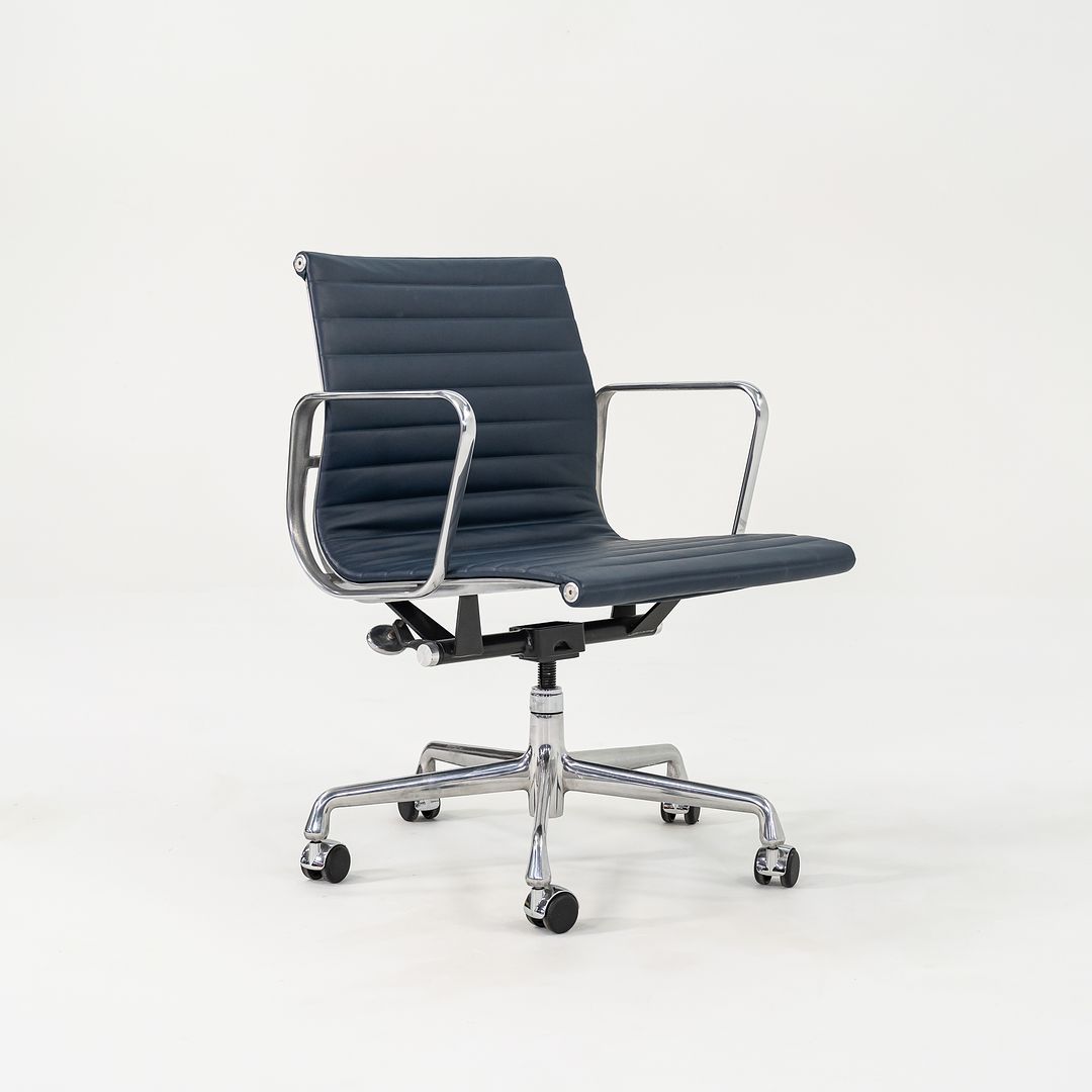 SOLD 2010s Eames Aluminum Group Management Desk Chair by Ray and Charles Eames for Herman Miller in Blue Leather