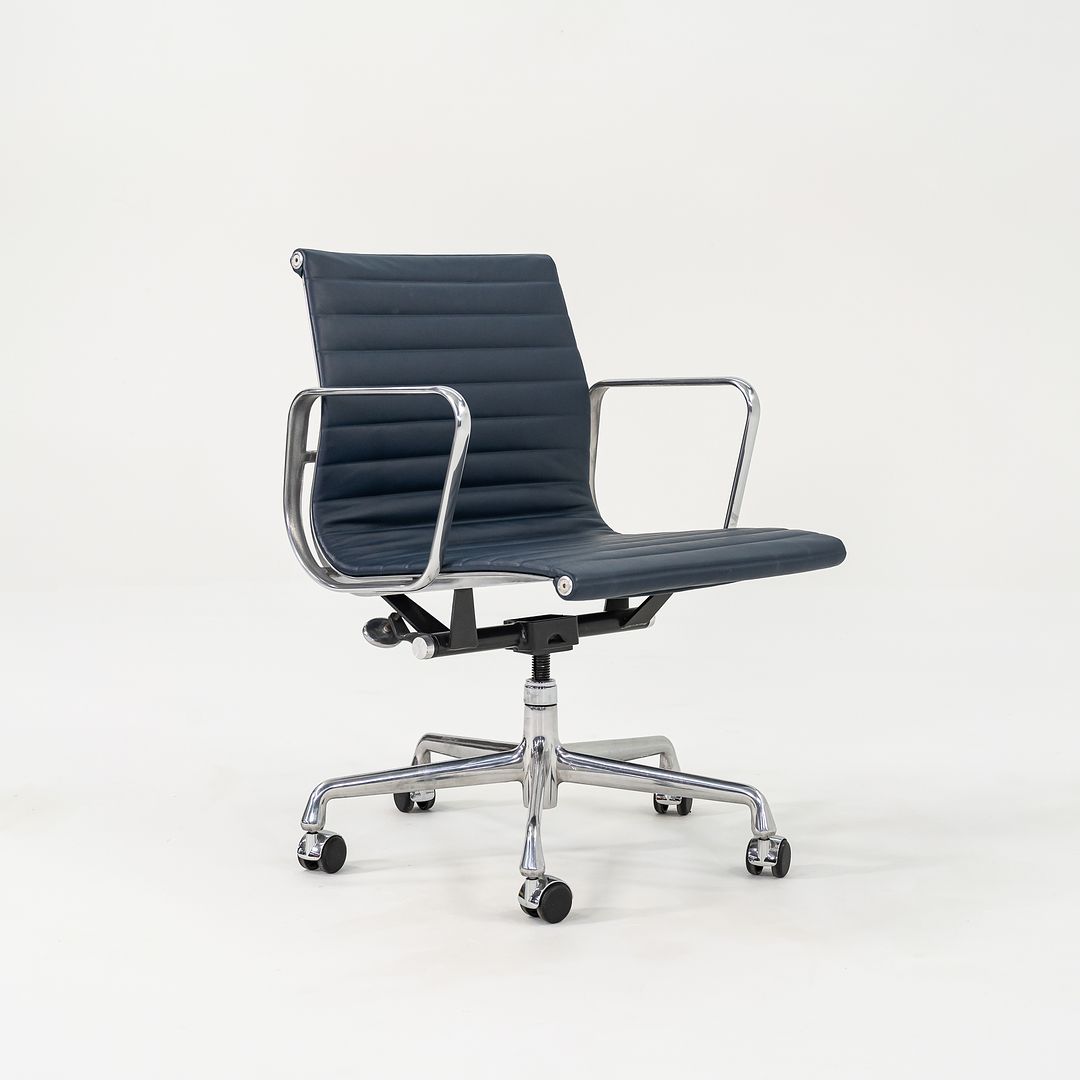 2010s Eames Aluminum Group Management Desk Chair by Ray and Charles Eames for Herman Miller in Blue Leather