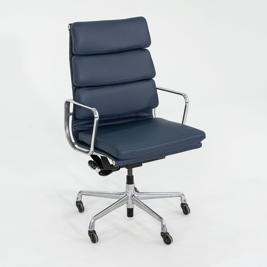 SOLD 2010s Herman Miller Eames Soft Pad Executive Desk Chair Blue Leather Upholstery