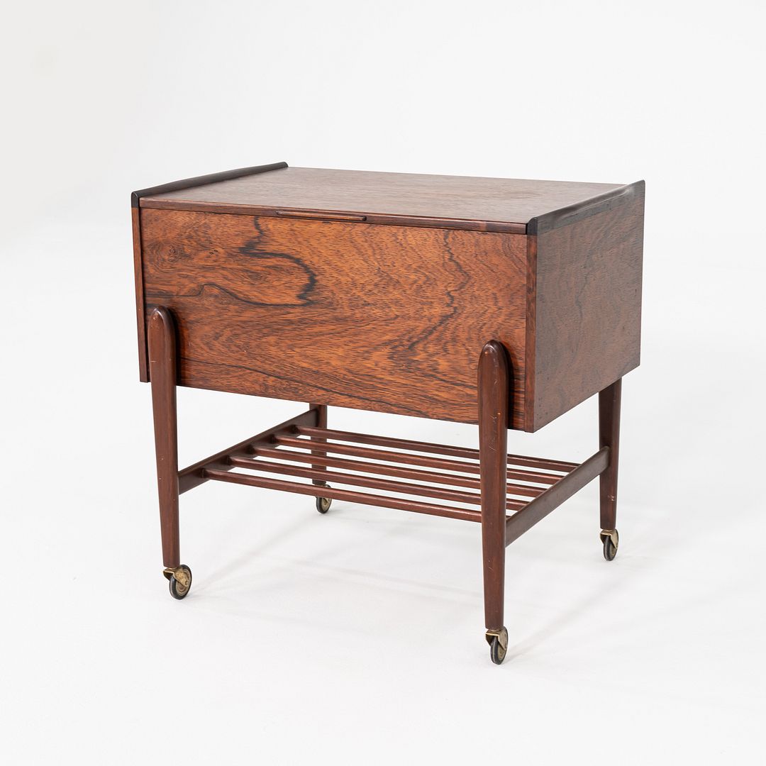 1960s Danish Rosewood Sewing Cart / Rolling Trolley with Hinged Lift-Top Storage