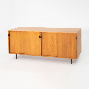 1950s Tall Florence Knoll Credenza in Oak with Sliding Doors and Leather Pulls