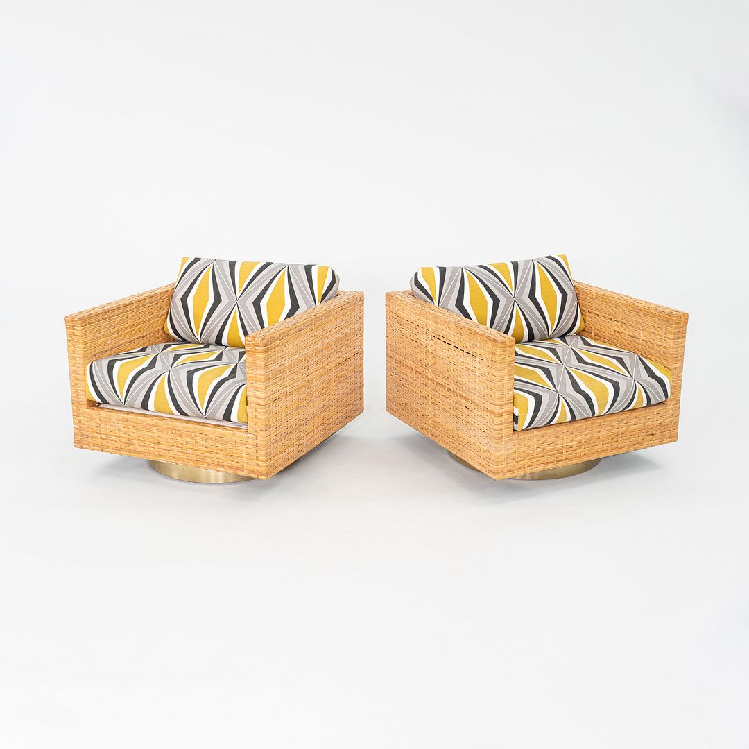 1977 Pair of Harvey Probber Cube Swivel Lounge Chairs in Woven Latania Palm Cane