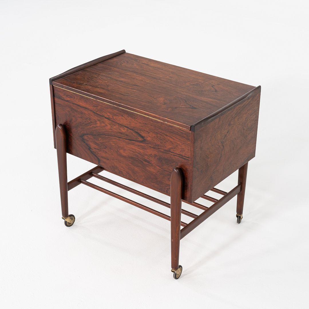 1960s Danish Rosewood Sewing Cart / Rolling Trolley with Hinged Lift-Top Storage