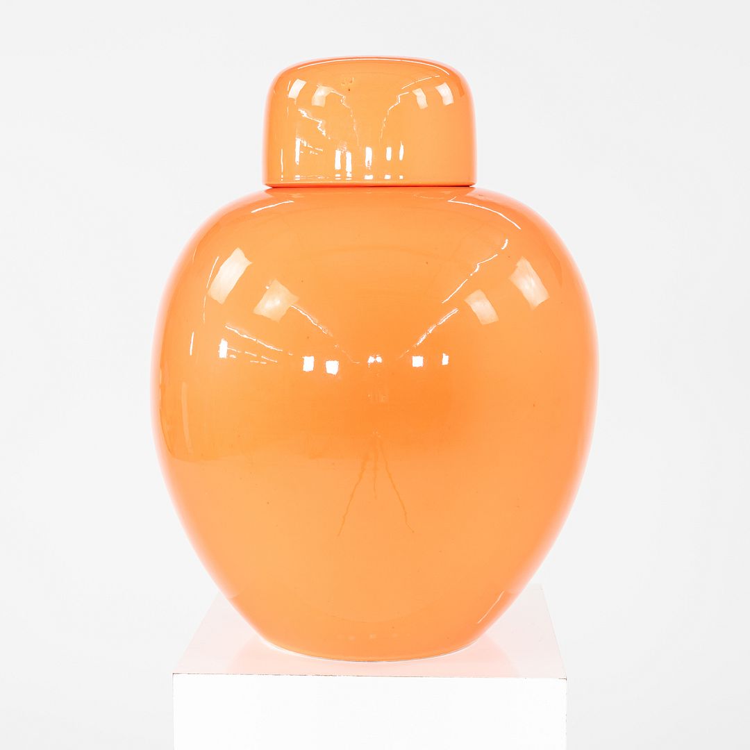 1970s Italian Porcelain Ginger Jar Vessel with Coordinating Top in Orange 10"