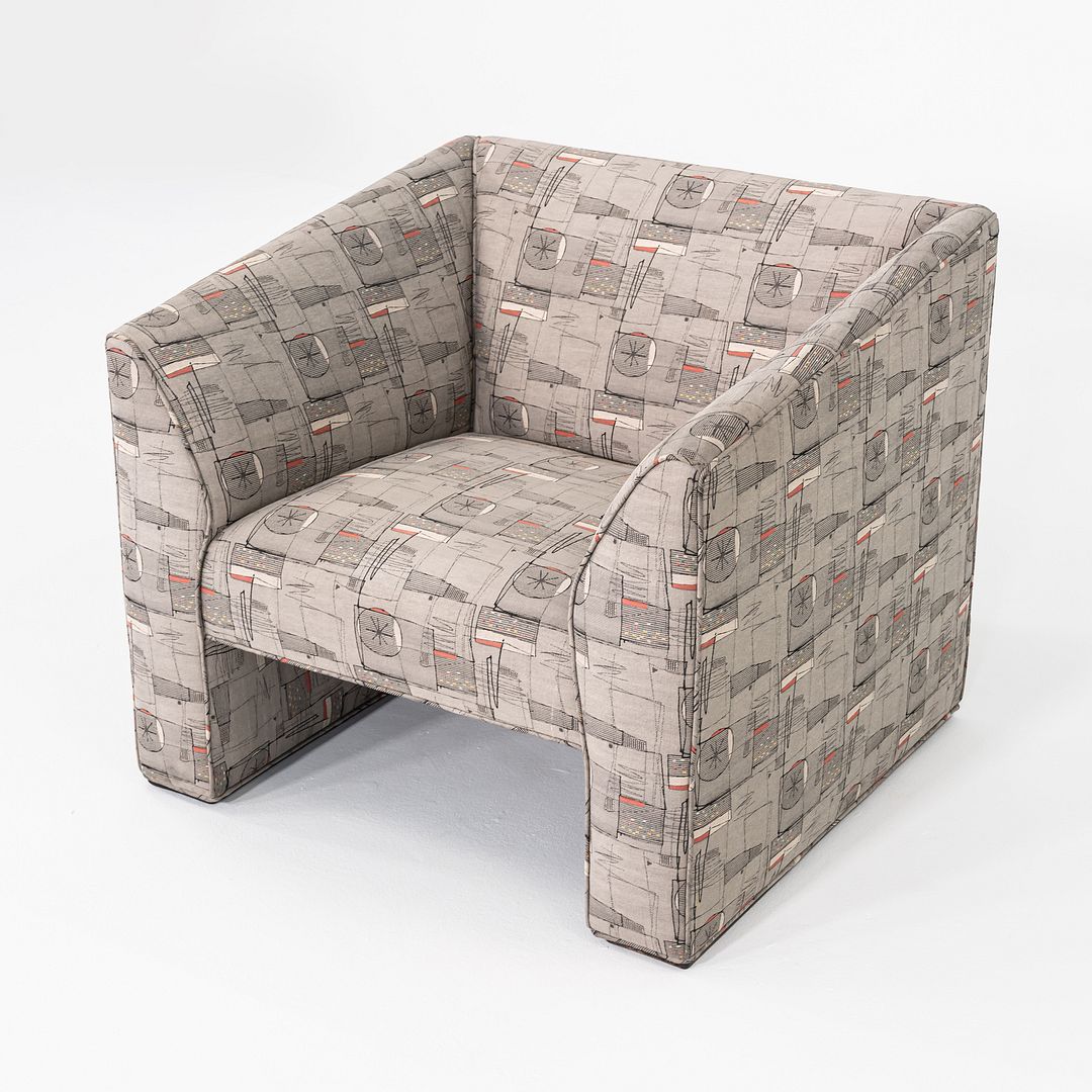 1980s Pair of Gray Patterned Fabric Upholstered Club Lounge Chairs w/ Rolled Arms