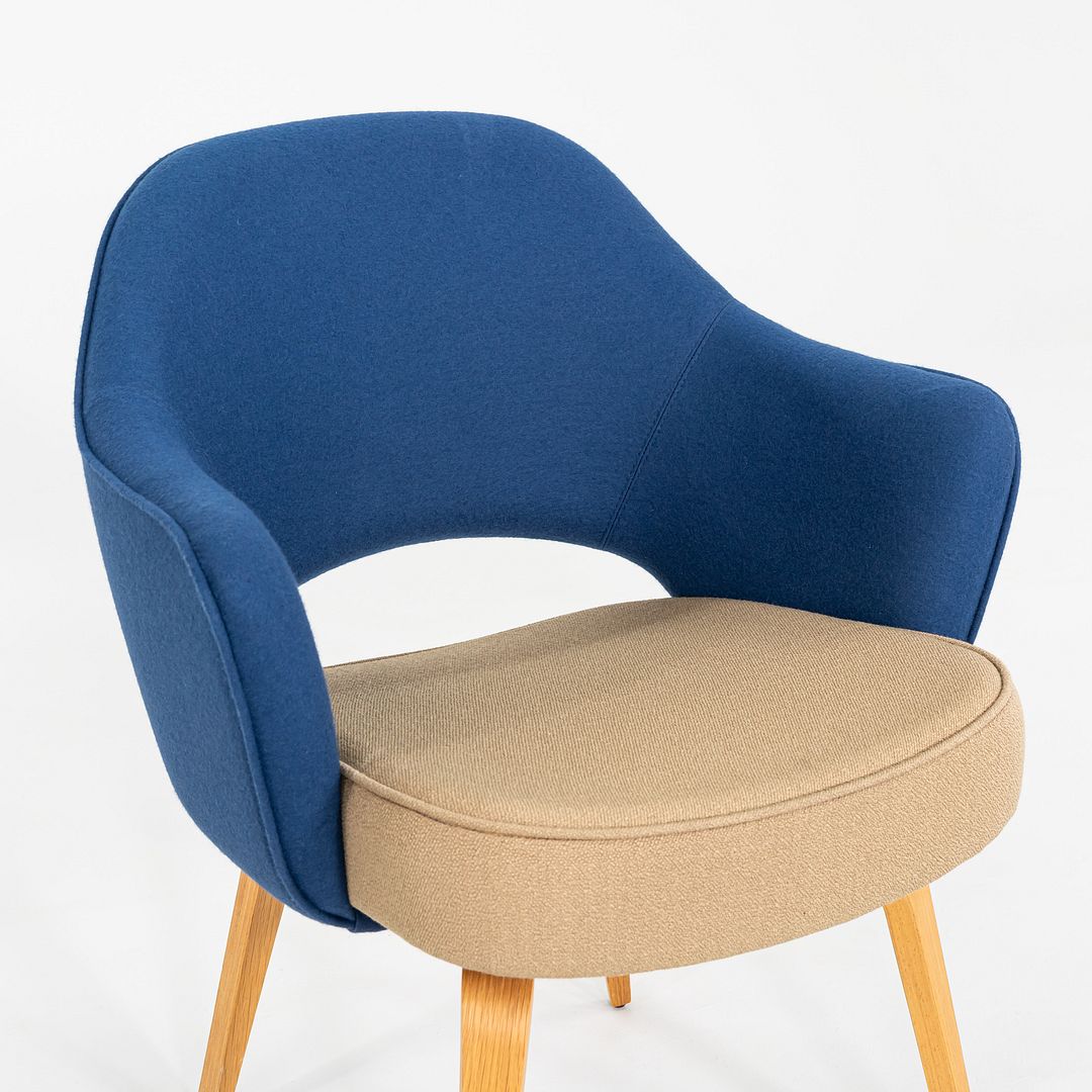 2015 Pair of Eero Saarinen for Knoll Dining Arm Chairs in Blue with Wooden Legs