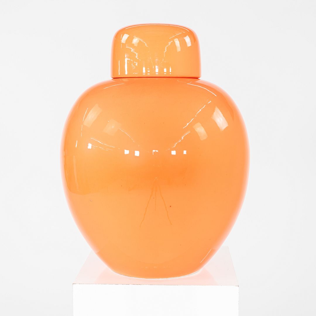 1970s Italian Porcelain Ginger Jar Vessel with Coordinating Top in Orange 10"