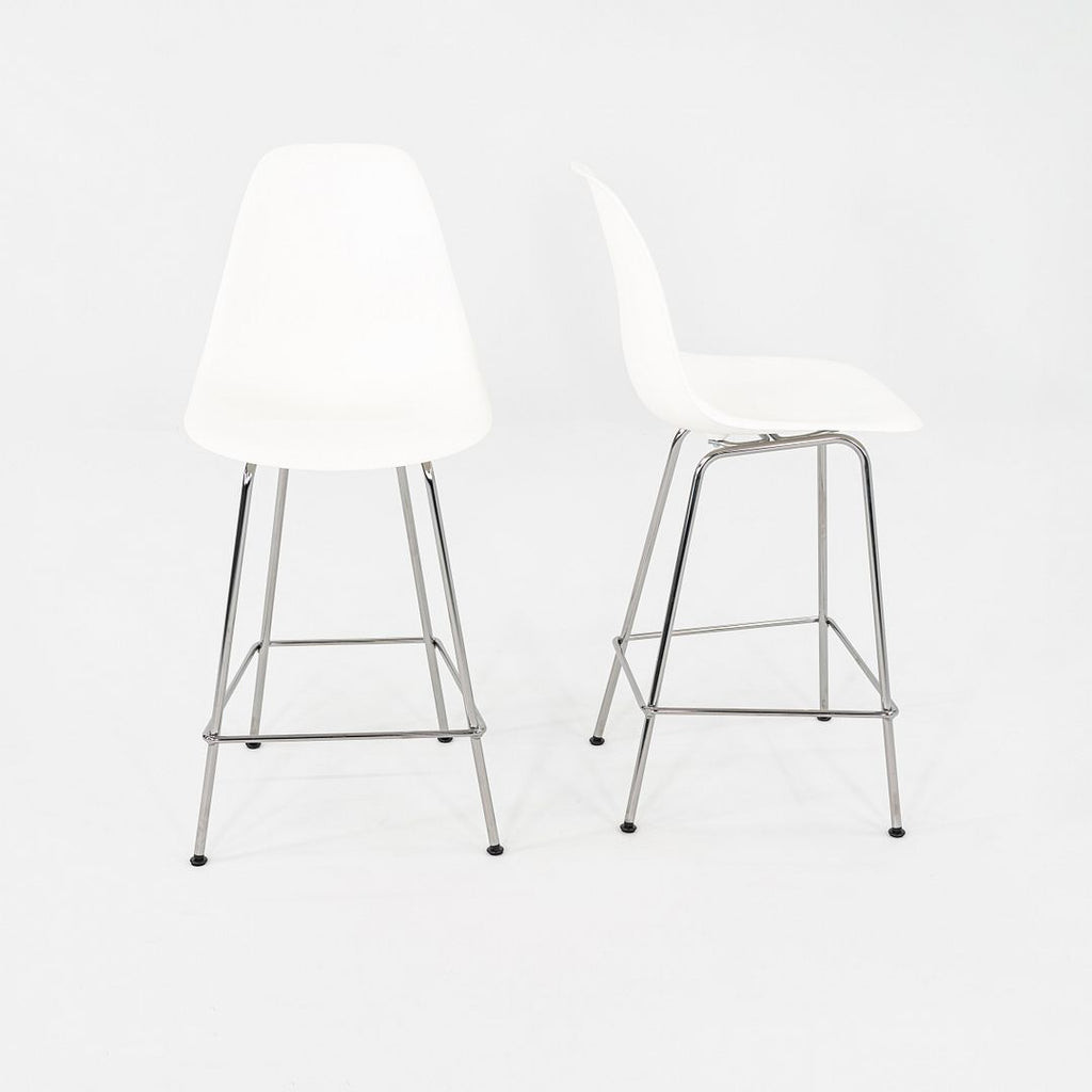 2024 Pair of Herman Miller Eames Plastic Counter Stools in White w/ Chrome Bases