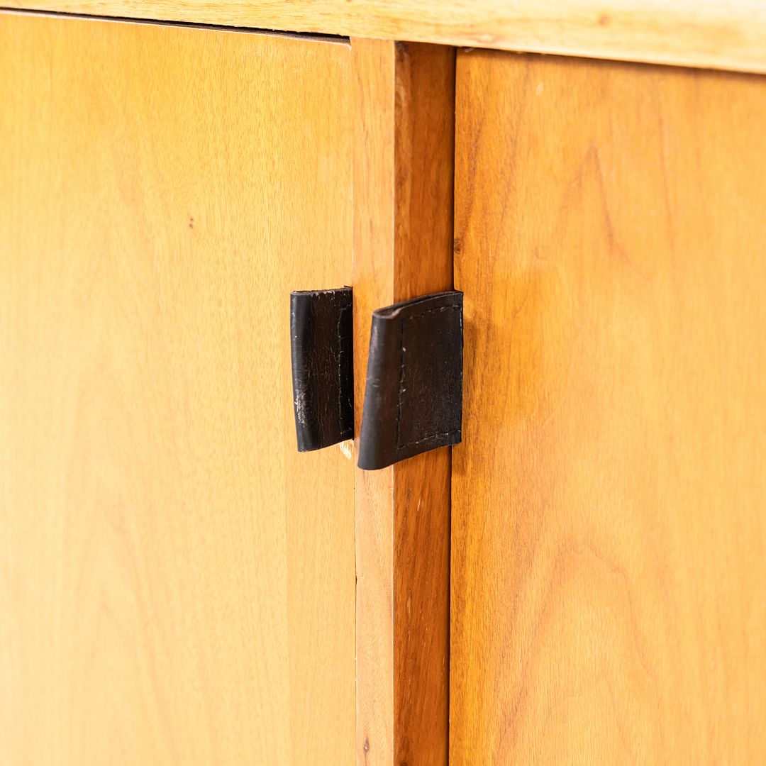 1950s Tall Florence Knoll Credenza in Oak with Sliding Doors and Leather Pulls