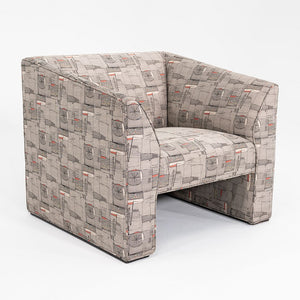 1980s Pair of Gray Patterned Fabric Upholstered Club Lounge Chairs w/ Rolled Arms