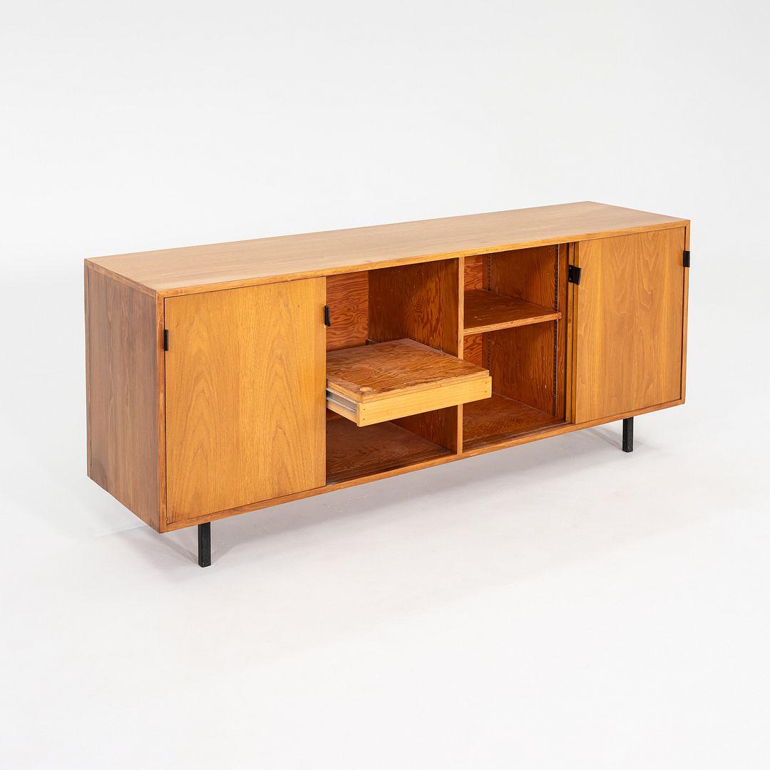 1950s Tall Florence Knoll Credenza in Oak with Sliding Doors and Leather Pulls