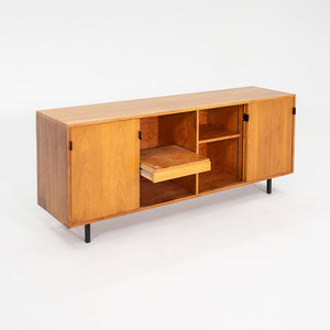 1950s Tall Florence Knoll Credenza in Oak with Sliding Doors and Leather Pulls