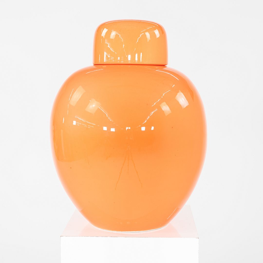 1970s Italian Porcelain Ginger Jar Vessel with Coordinating Top in Orange 10"
