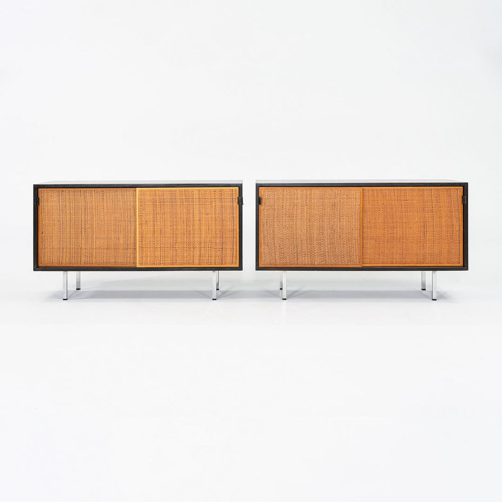 1963 Florence Knoll Ebonized Credenzas with Caned Sliding Doors and Leather Pulls 2x Available