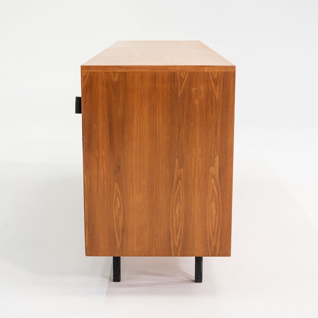 1950s Tall Florence Knoll Credenza in Oak with Sliding Doors and Leather Pulls
