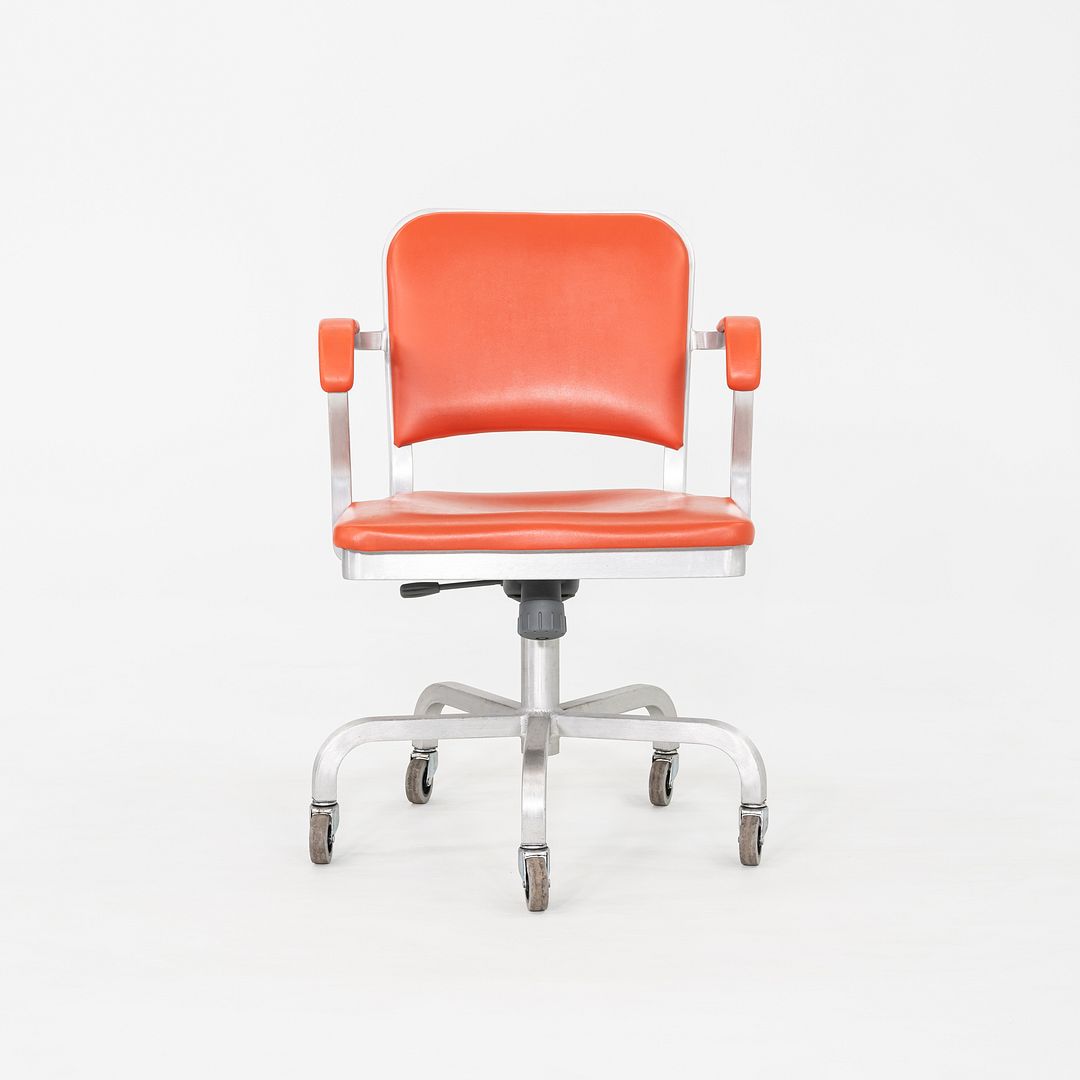 C. 2021 Jasper Morrison for Emeco Navy Officer Desk Chair in Brushed Aluminum and Orange Vinyl 19x Available