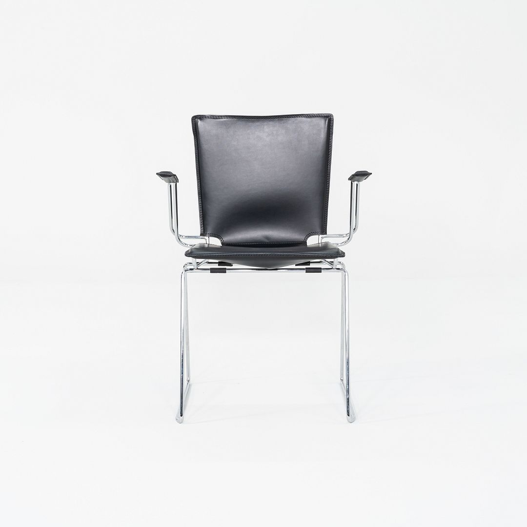 1980s Pair of Hiroyuki Toyoda for ICF Dining Arm Chairs in Black Leather & Steel