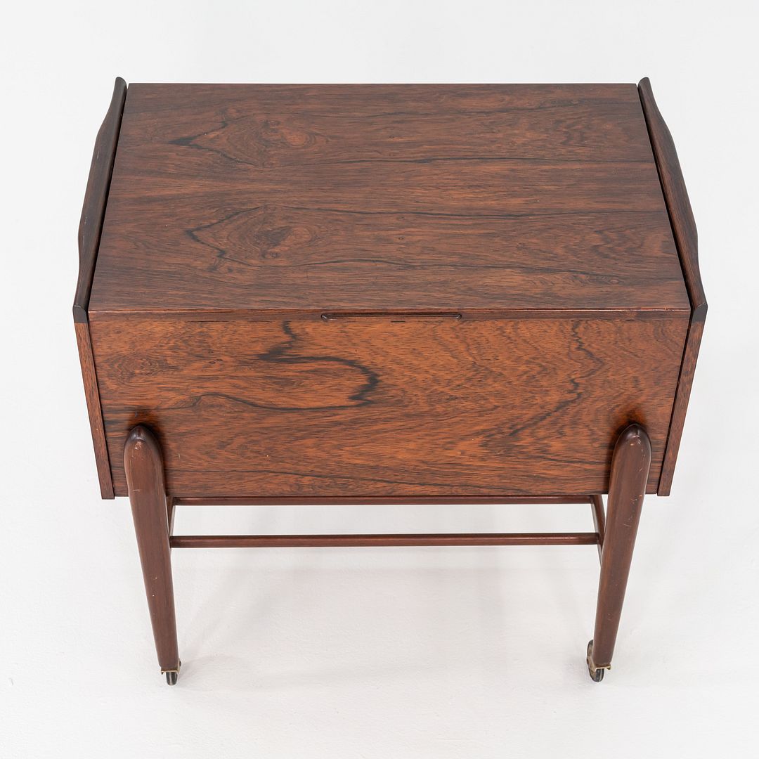 1960s Danish Rosewood Sewing Cart / Rolling Trolley with Hinged Lift-Top Storage